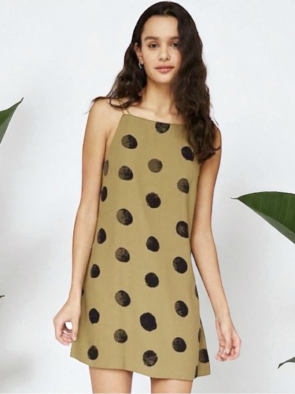 Silence + Noise Women’s Olive Green and Black Polka Dot Slip Dress